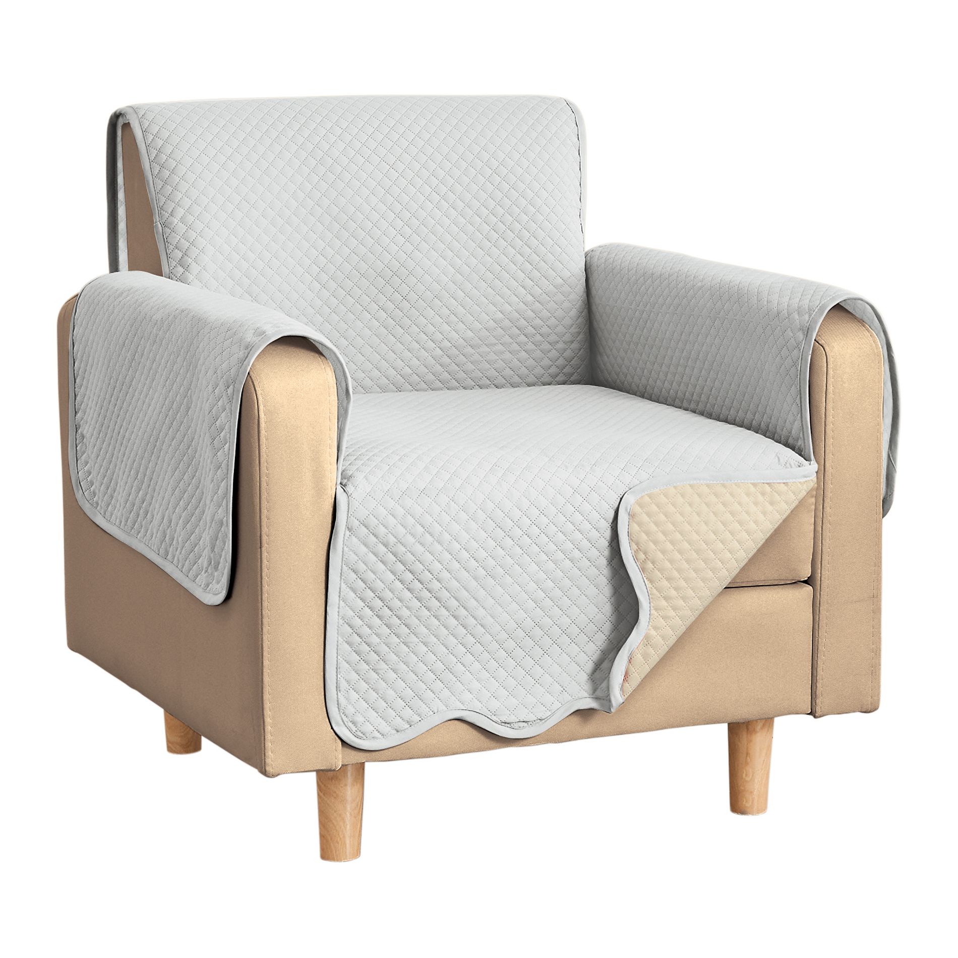 Collections Etc Lacey Scalloped Edge Reversible Quilted Furniture Protector Chair White/Beige
