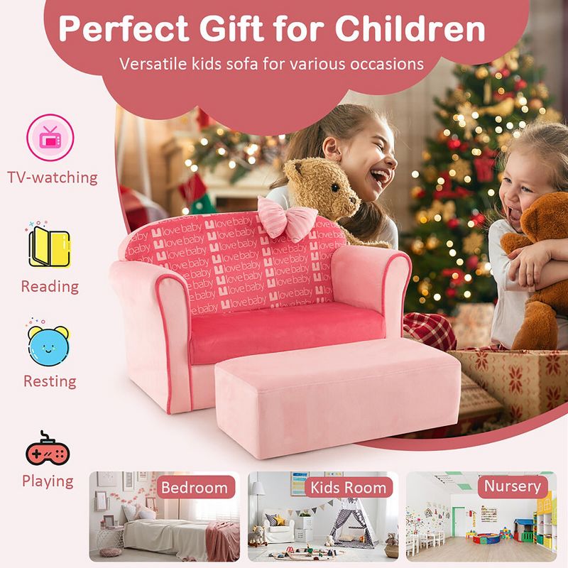 Tangkula Kids Double Sofa Velvet Upholstered Sofa Couch w/Footstool & Armrests Pink, 5 of 10