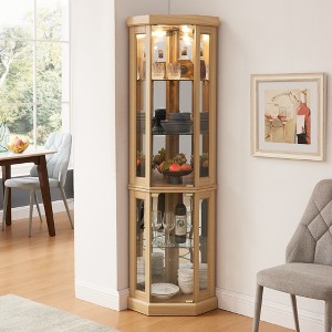TIRAMISUBEST Corner Glass Cabinet Lighted Curio Cabinet Corner Display Case for Living Room - Light Oak Mobile File Cabinet - 1 of 4