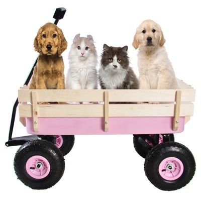 VisioGear Portable Outdoor Wagons with Wood Railing, Portable Carts for Children Kids, Pink, 39.37"*19.3"*24.8"