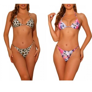 Elerevyo Women's Leopard Print Halter Lace Up Triangle Thong Bottoms Swimwear Bathing Suits 2 Sets - 1 of 4