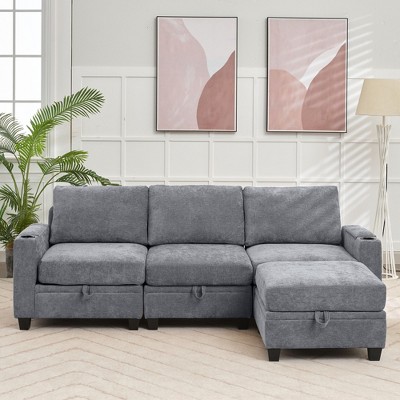 Hyleory 91" Modern Chenille Fabric Storage Sectional Sofa with Ottoman for Living Room