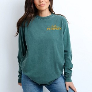 Simply Sage Market Women's Embroidered Hello Pumpkin Long Sleeve Garment Dyed Tee - 1 of 4