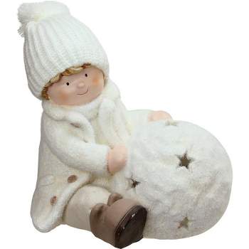 Northlight 12.5" White Christmas Snowball with Sitting Boy Tealight Candle Holder