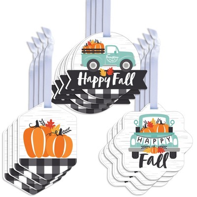 Big Dot of Happiness Happy Fall Truck - Assorted Hanging Harvest Pumpkin Party Favor Tags - Gift Tag Toppers - Set of 12