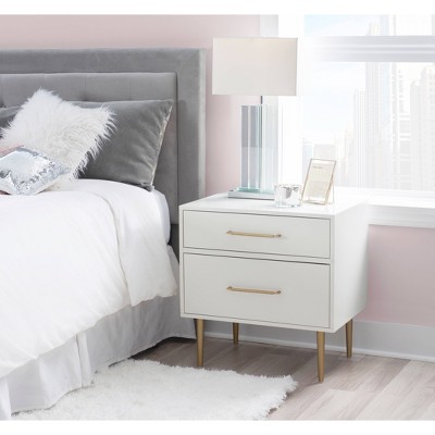 White and Gold 2-Drawer Nightstand with Sleek Design