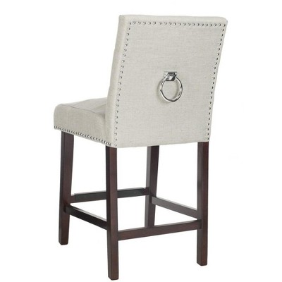 Light Grey Tufted Linen Counter Stools with Chrome Nail Head Trim