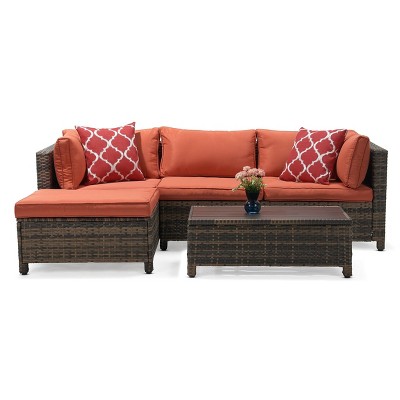 3pc Wicker Patio Sectional Seating Set with Cushions - Orange - EDYO LIVING