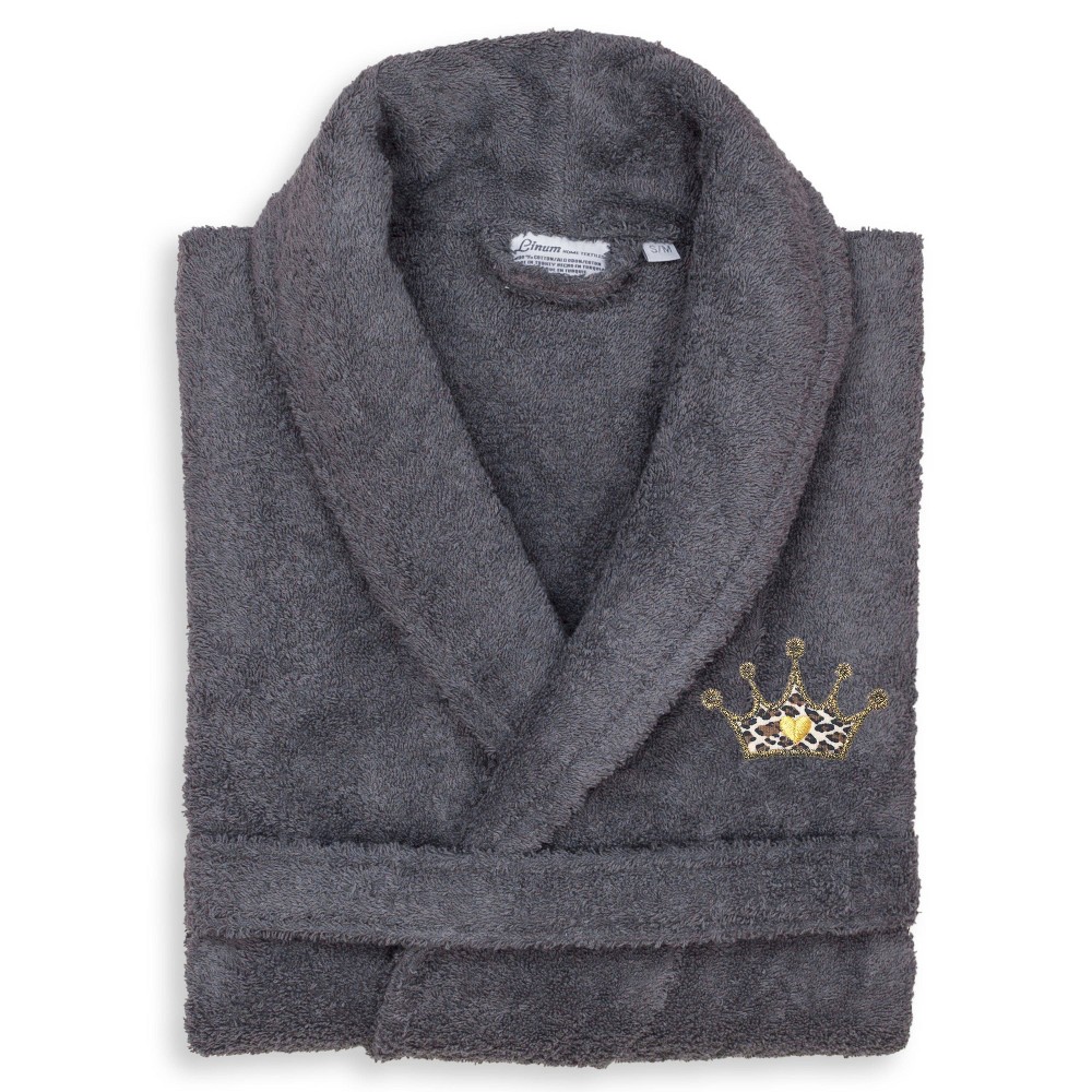 Photos - Other Textiles S/M Terry Bathrobe with Cheetah Crown Embroidery Gray - Linum Home Textile