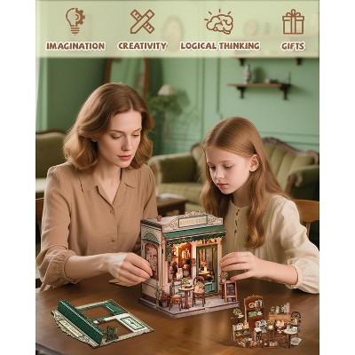 Детские куклы Etokfoks DIY Miniature Coffee Shop Book Nook Kit 233 pcs 3D Wooden Puzzle Mini House Building Kit with LED for Bookshelf Decor — фото 6