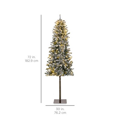 6ft Pre-Lit Snow Flocked Slim Pencil Alpine Christmas Tree with LED Lights and Metal Stand