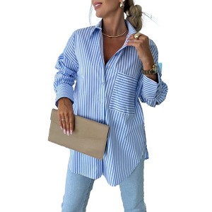 Striped Button Down Shirt for Women Oversized Long Sleeve Fall Top Casual Loose Work Blouse with Chest Pocket - 1 of 4