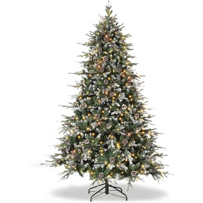 Acekool 6FT Snow Flocked Prelit Tree, Norway Spruce Look, Warm White Lights, Artificial Full Tree with Gloves & Sturdy Stand, Green