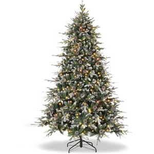 Acekool 6FT Snow Flocked Prelit Tree, Norway Spruce Look, Warm White Lights, Artificial Full Tree with Gloves & Sturdy Stand, Green - 1 of 4