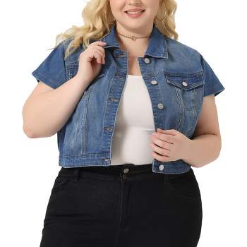 Agnes Orinda Women's Plus Size Denim Y2K Button Down Short Sleeve Streetwear Cropped Jean Jacket