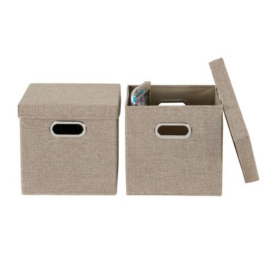 Set of 2 Beige Linen Fabric Collapsible Storage Cubes with Lids