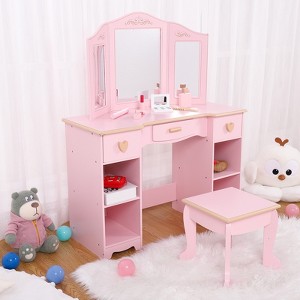 Kids Vanity Table and Stool Set - Pink Girls Dressing Desk with Mirror, Drawers & Storage Shelves - 1 of 4