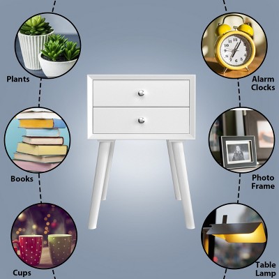 Mid-Century Modern White Wood 2-Drawer Nightstand
