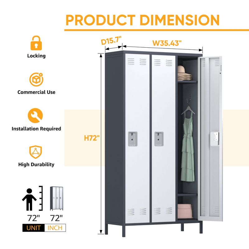 AOBABO 3 Door Steel Storage Cabinet Metal Industrial Locker with 2 Shelves for Employees, School, Office, Gym, or Bedroom, Gray, 3 of 8