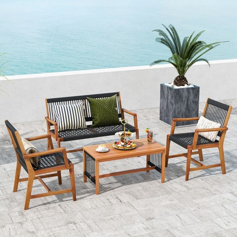 Costway Patio 4pcs Acacia Wood Conversation Table Chair Set Hand