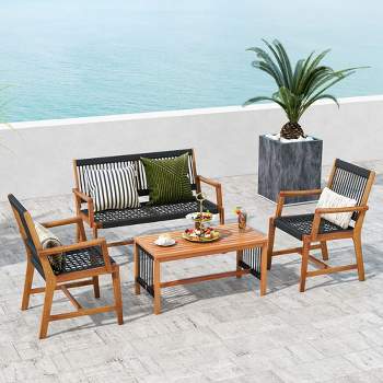 Costway Patio 4pcs Acacia Wood Conversation Table & Chair Set Hand-Woven Rope Outdoor