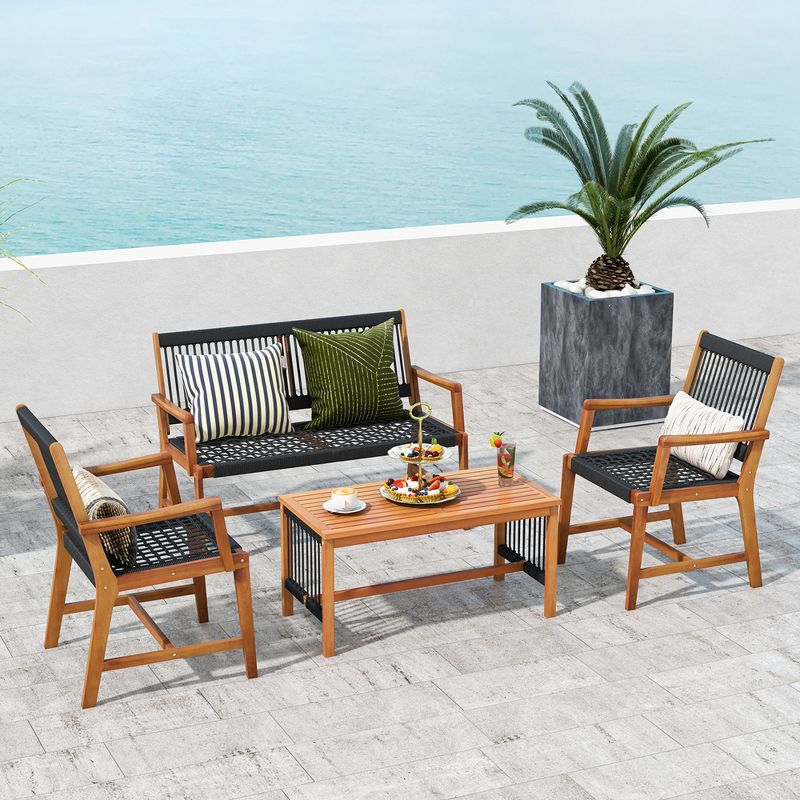 Costway Patio 4pcs Acacia Wood Conversation Table & Chair Set Hand-Woven Rope Outdoor, 1 of 10