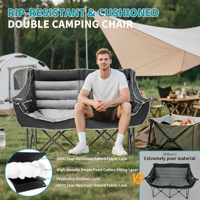 Man sitting on double camping chair with text comparing materials and durability