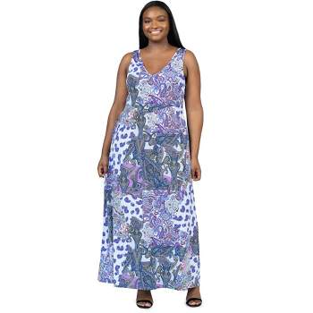 24seven Comfort Apparel Plus Size Purple Paisley Sleeveless V Neck Maxi Dress With Pockets