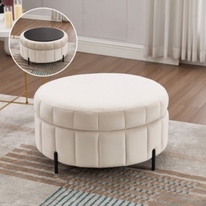 31.5" Round Velvet Storage Ottoman,Upholstered Footstool,Tufted Pumpkin-Shape Accent Ottoman for Living Room or Bedroom-Maison Boucle - 1 of 4
