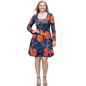 24seven Comfort Apparel Navy Floral Print Long Sleeve Knee Length Dress - 1 of 4