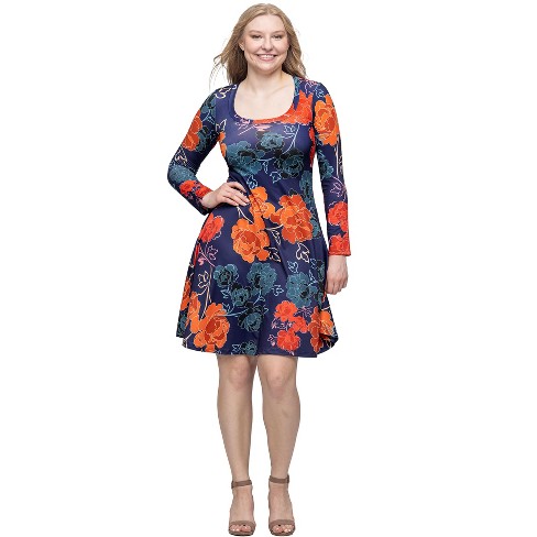 24seven Comfort Apparel Navy Floral Print Long Sleeve Knee Length Dress - image 1 of 4