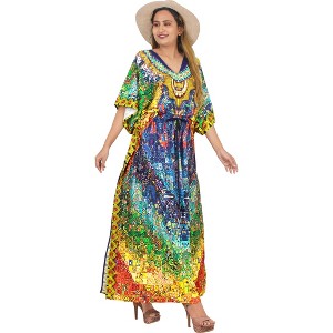 LA LEELA Women's House Daily Routine Evening Wear Maxi Caftan Long Slit Dress Loungewear Dashiki Dresses for Women One Size Multicolored,Abstract - 1 of 4
