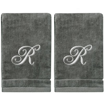 Creative Scents Gray Fingertip Monogrammed Towels Silver Embroidered