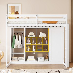 Whisen Twin Size Wood Loft Bed, Smart Storage with Wardrobe, Shelves & Cabinet, Colorful Design - 1 of 4