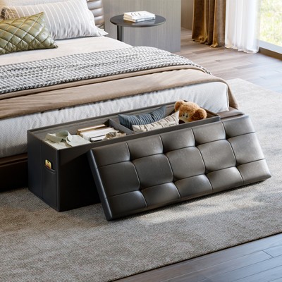 Pinmoco 43" Storage Ottoman Bench Folding Leather Storage Bench with White Blanket and Side Pocket for Entryway Living Room