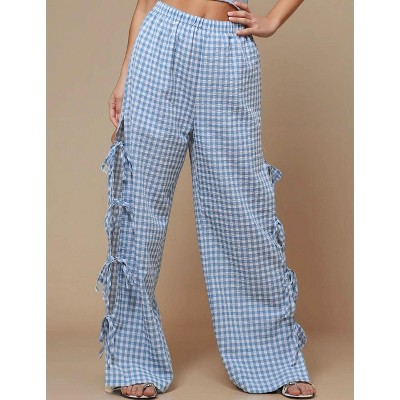 Women Everyday Checked Elastic Waist Side Strape Bowtie Casual Loungewear Pants IRIS FASHION