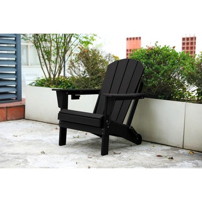 Akoasm Composite Foldable Wood Texture Adirondack Chair With Dual Cup Holder-Black