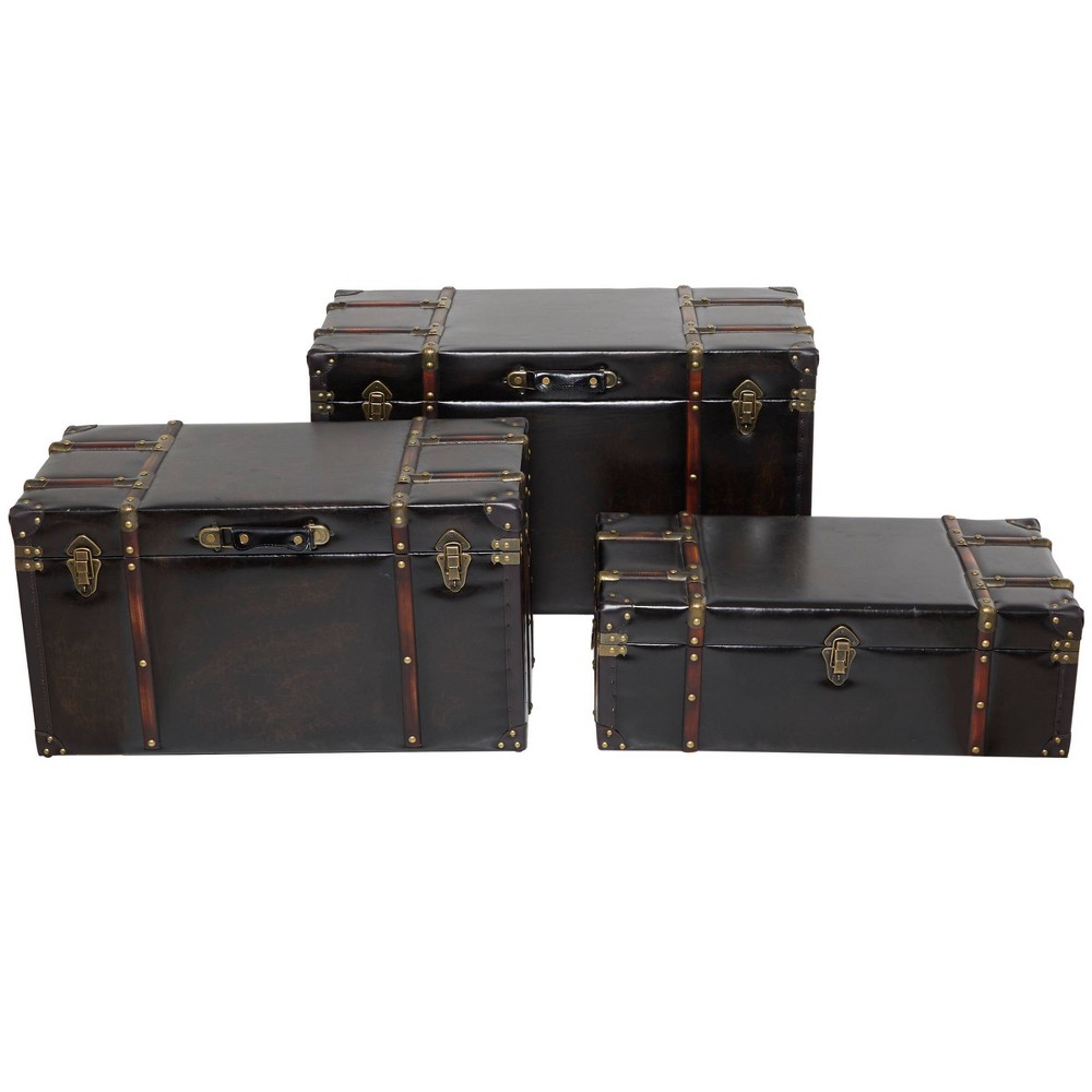 Olivia & May Set of 3 Faux Leather Studded Trunk with Latches and Handles Dark Brown: Indoor Traditional Decor, Fully Assembled