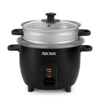 Aroma 6 Cup Rice Cooker with Outer Steam Tray Black: 2 Quart, One-Touch, Nonstick, Automatic Shut-Off, Includes Accessories