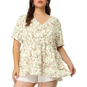 Agnes Orinda Women's Plus Size Floral V Neck Short Sleeve Layered Peplum Hem Casual Summer Blouses - 1 of 4