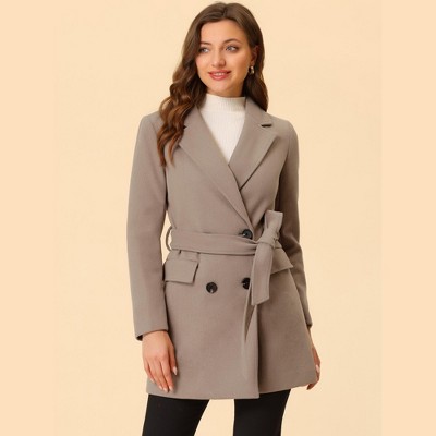 INSPIRE CHIC Women's Notch Lapel Double Breasted Belted Mid Long Outwear Winter Coat Brown Large — фото 2