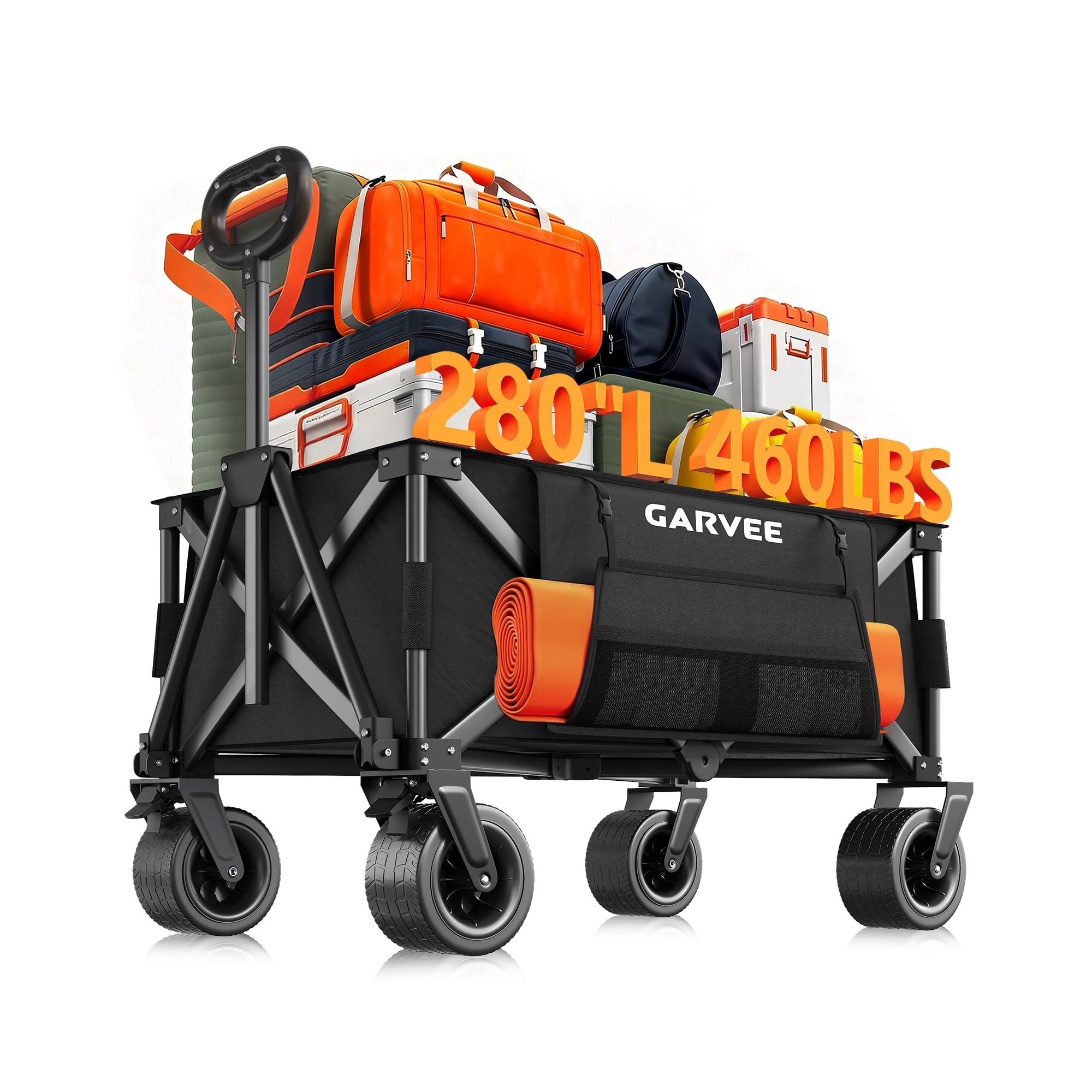 GustoWave Wagon Carts Foldable, 460LBS Weight, 280L Capacity with All-Terrain Wheels, Drink Holders, Storage Cover&Elastic Rope, Black