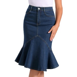 INSPIRE CHIC Women's High Waist Bodycon Ruffles Side Pockets Fishtail Midi Jean Skirt - 1 of 4