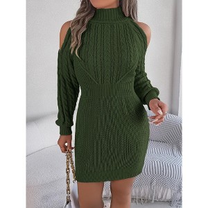 Autumn Winter Casual Off-Shoulder Half Turtleneck Cable Knit Lantern Sleeve Bodycon Sweater Dress - 1 of 4