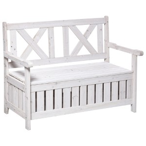 Outsunny 29 Gallon Garden Storage Bench with Wooden Frame, Large Entryway Deck Box w/ Unique X-Shape Back, Louvered Side Panels for Patio - 1 of 4