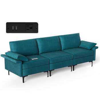 Costway Modern Modular Fabric 3-Seat Sofa Couch with Socket USB Ports & Metal Legs Grey/Blue