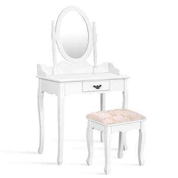 Tangkula Bathroom Vanity Wood Makeup Dressing Table Stool Set Jewelry Desk W/Drawer &Mirror White