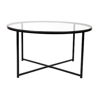 Flash Furniture Greenwich Collection Coffee Table - Modern Clear Glass Accent Table with Crisscross Matte Black Frame