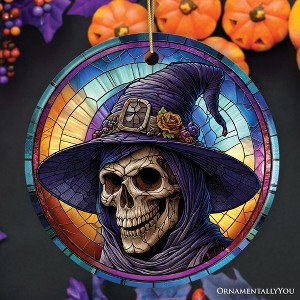 Witchy Grin Skull with Hat and Scarf Stained Glass Style Ceramic Ornament, Halloween Themed Christmas Gift and Decor| OrnamentallyYou - 1 of 4