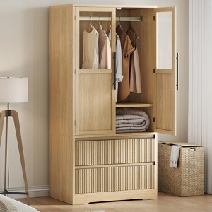 Bedroom Wooden Armoire Wardrobe Closet, Freestanding Wardrobe Armoire Cabinet with Glass/Wood Doors and 2 Drawers, Shelves & Hanging Rod - 1 of 4